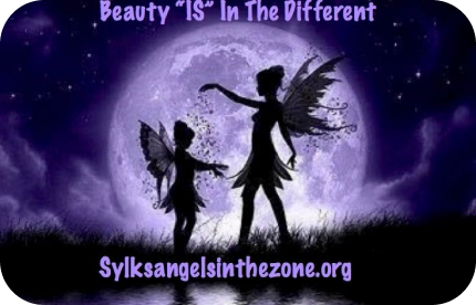 Silhouettes of two fairies dancing under a purple moonlit sky with the text "Beauty 'IS' In The Different" and a website URL below.