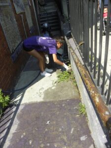 Person cleaning debris near a metal fence outside a building.