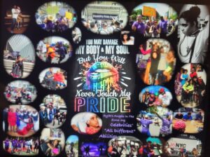 Colorful collage celebrating Pride with diverse photos and rainbow themes.