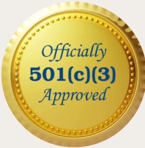 Gold seal with 'Officially 501(c)(3) Approved' indicating nonprofit status.