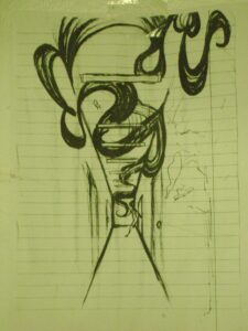 Abstract sketch of a figure with exaggerated facial features on lined paper.